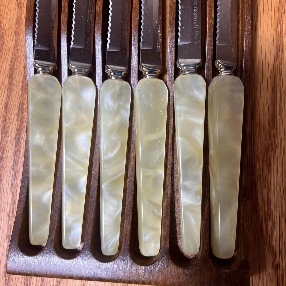 Vintage Washington Forge Town & Country Steak Knives Set 6 Wood Rack USA